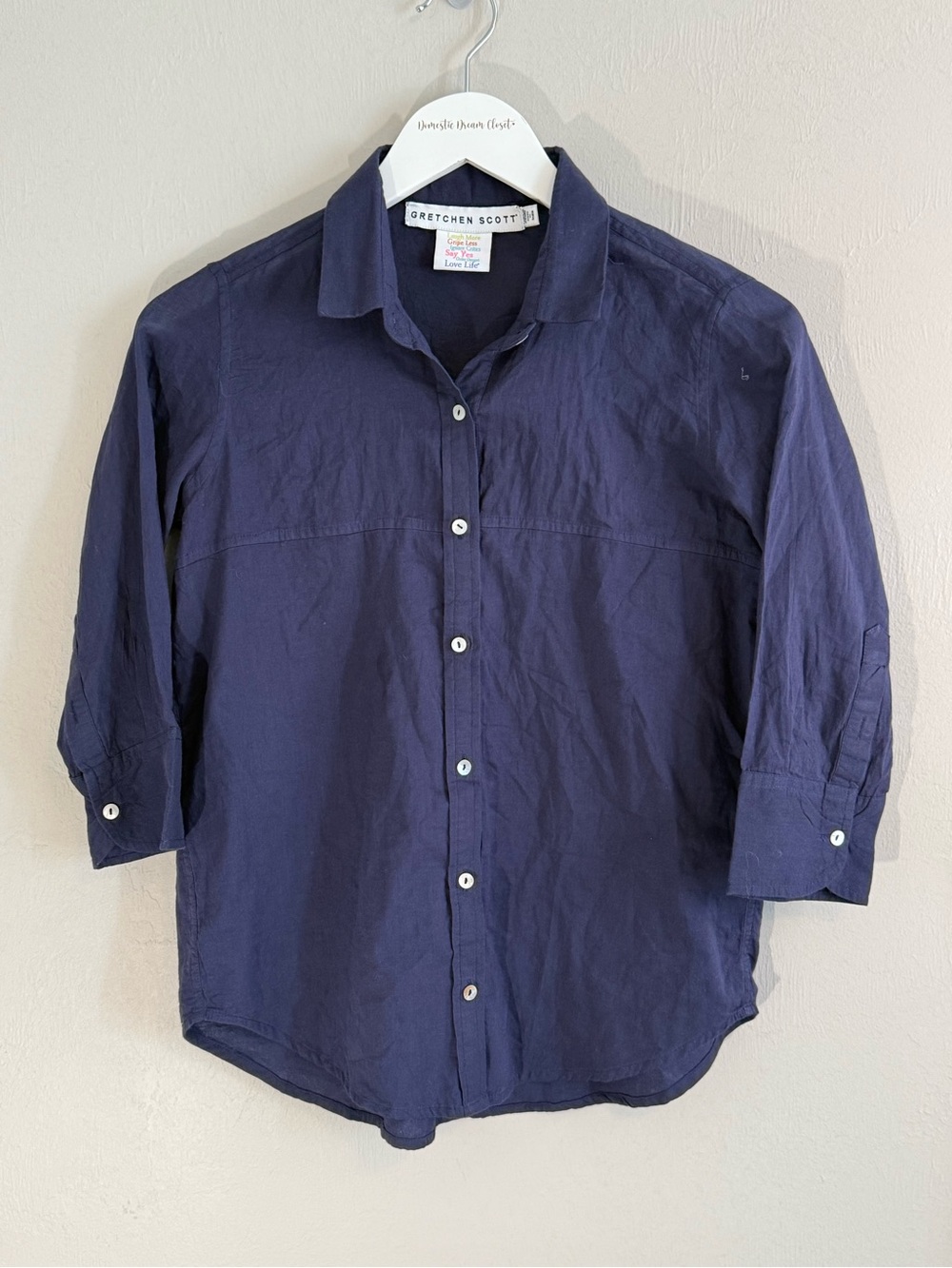 GRETCHEN SCOTT DESIGNS Women’s Navy Blue Seamed 3/4 Sleeve Button Up Top Size 2